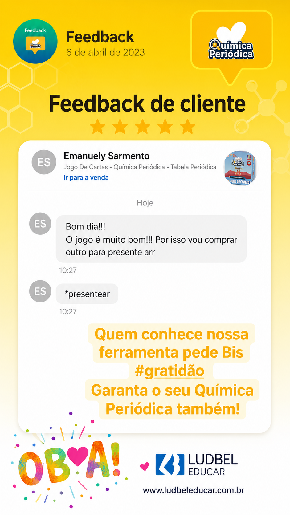 Print de conversa com cliente elogiando o jogo